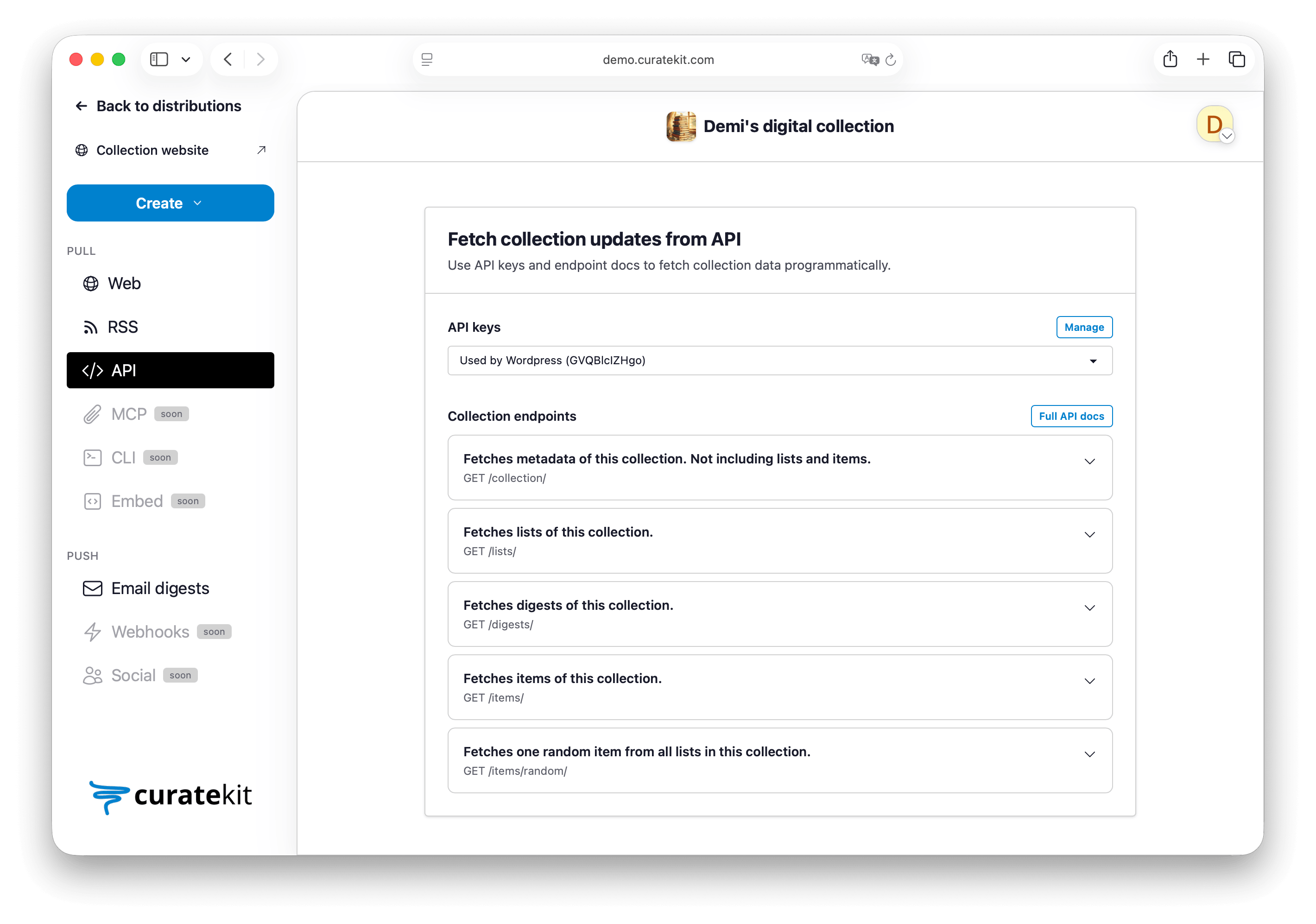 CurateKit API for programmatic access to curated content