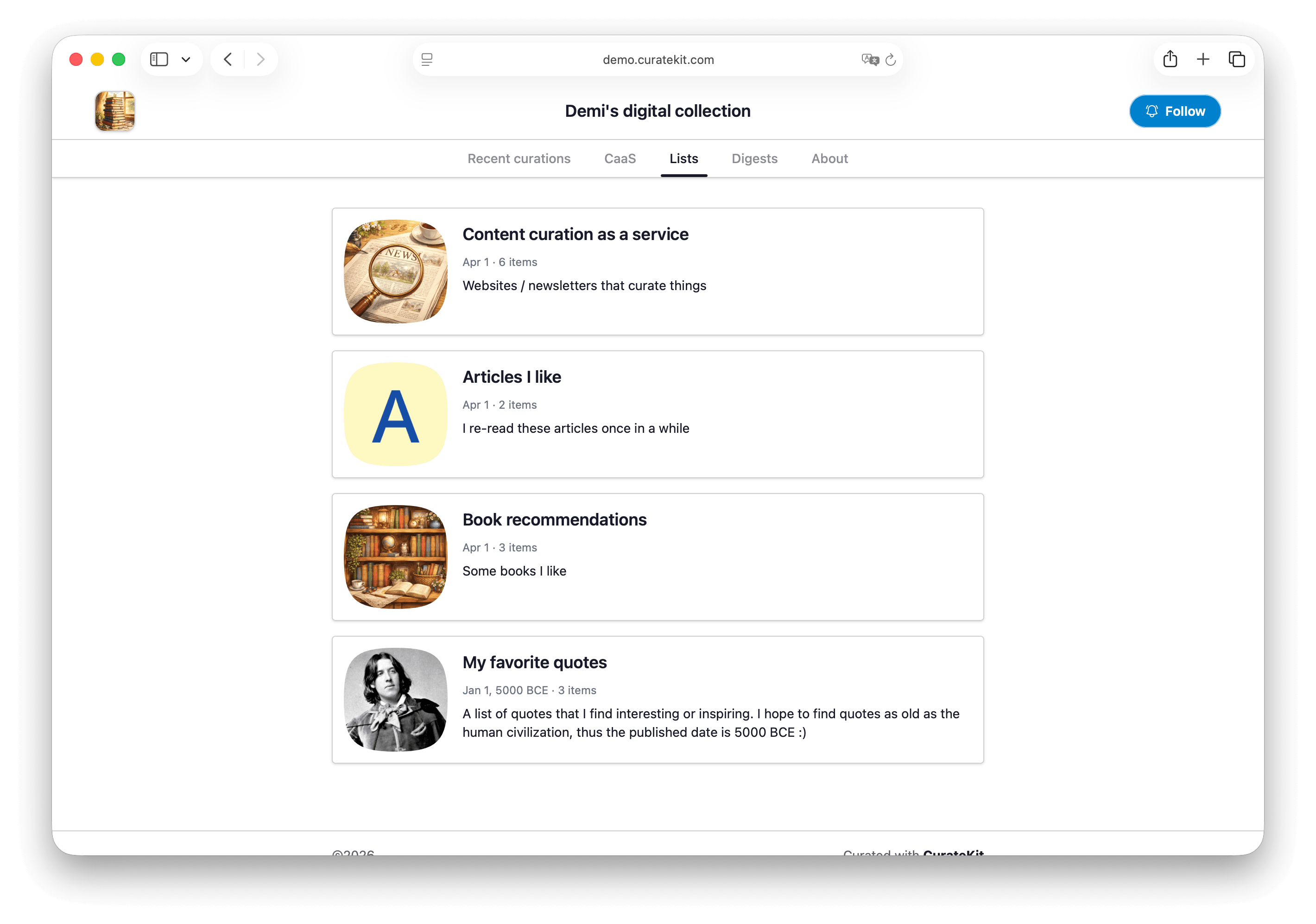 CurateKit lists used to organize curated items by topic
